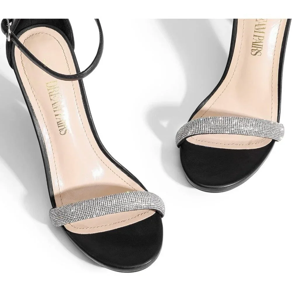 Women's Black-Rhinestone Flower Ankle Strap Stiletto Round Open Toe Stylish Heel